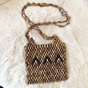 Vintage Beaded Crossbody Bag Brown Handmade Boho Seed Bead Chain Strap‎